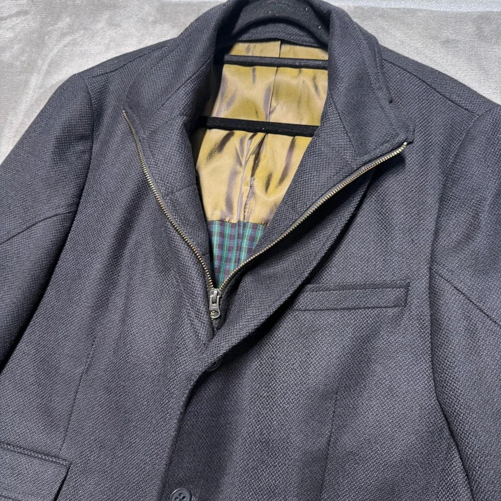 Q Mens Blazer Jacket 44R Navy Blue Zip‎ Inset Wool Plaid Lining Textured Coat